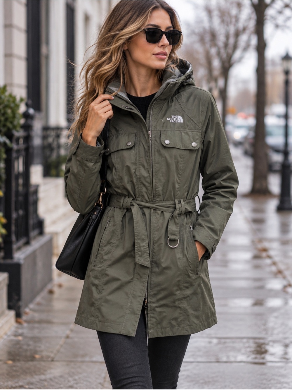 The North Face Womens XS Hooded Rain Jacket Olive Green Belted Waterproof Coat